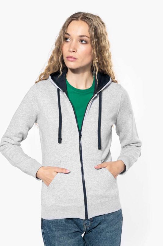 LADIES’ CONTRAST HOODED FULL ZIP SWEATSHIRT