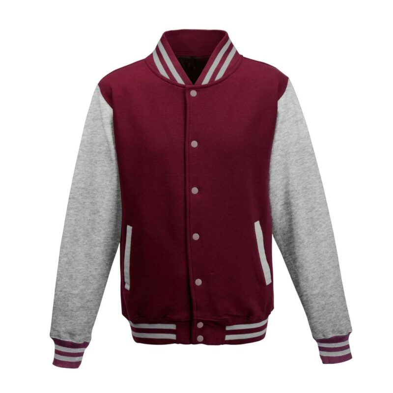awjh043-burgundyheather_grey-a1 Just Hoods VARSITY JACKET - Burgundy/Heather Grey