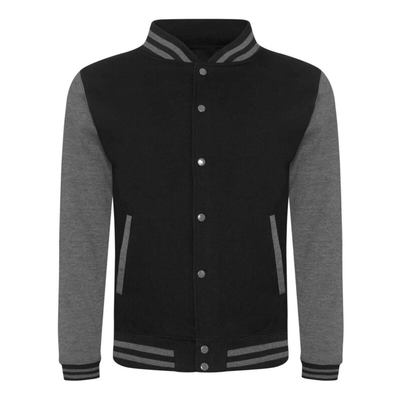 awjh043-jet_blackcharcoal-a1 Just Hoods VARSITY JACKET - Jet Black/Charcoal