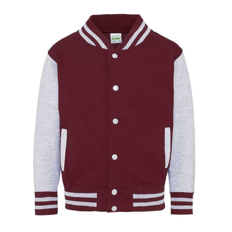 awjh043j-burgundyheather_grey-a1 Just Hoods KIDS VARSITY JACKET - Burgundy/Heather Grey