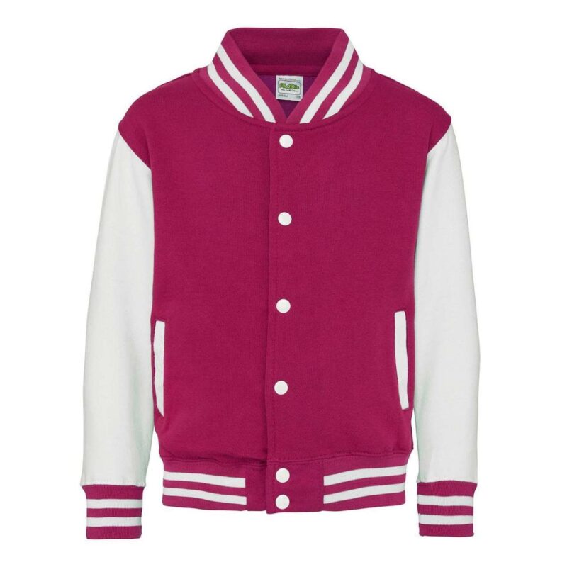 awjh043j-hot_pinkwhite-a1 Just Hoods KIDS VARSITY JACKET - Έντονο ροζ/Λευκό