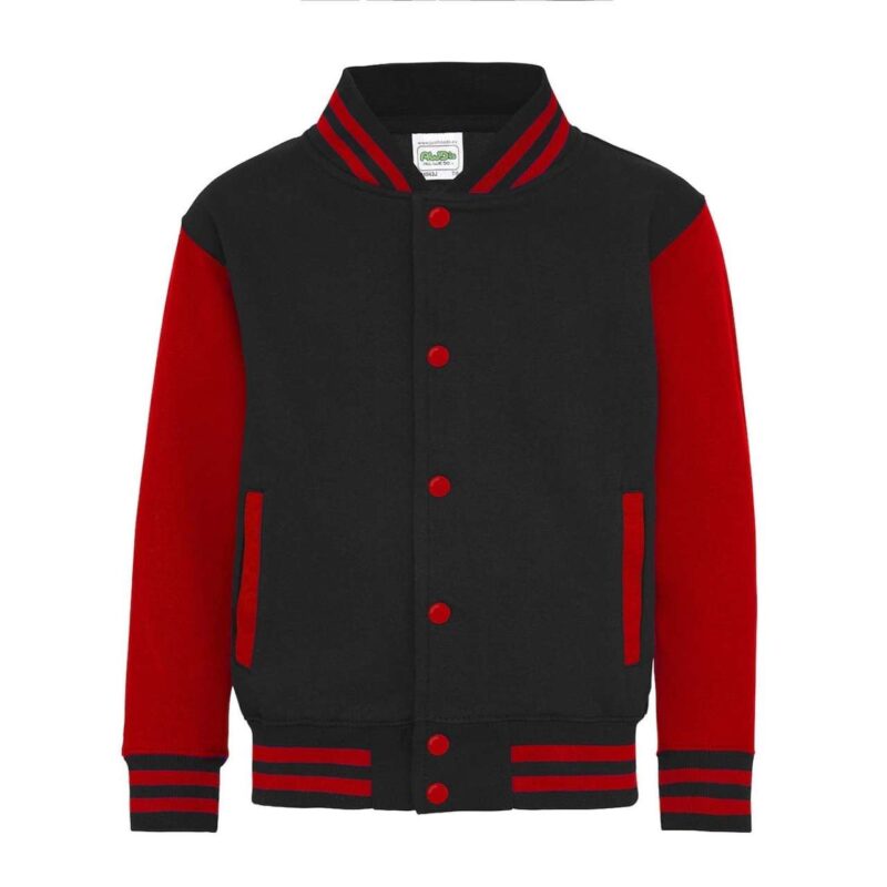 awjh043j-jet_blackfire_red-a1 Just Hoods KIDS VARSITY JACKET - Jet Black/Fire Red