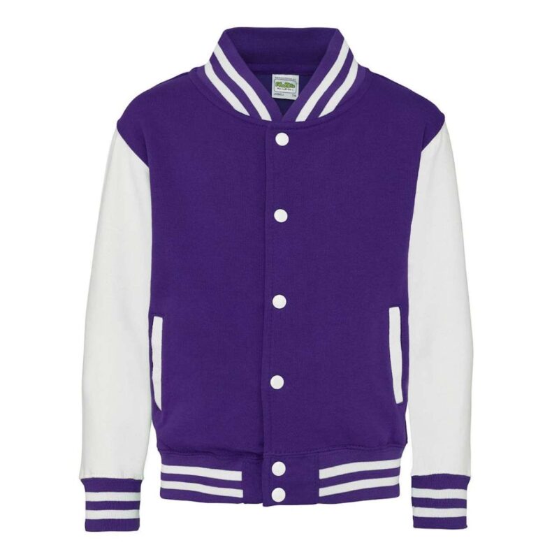 awjh043j-purplearctic_white-a1 Just Hoods KIDS VARSITY JACKET - Purple/Arctic White