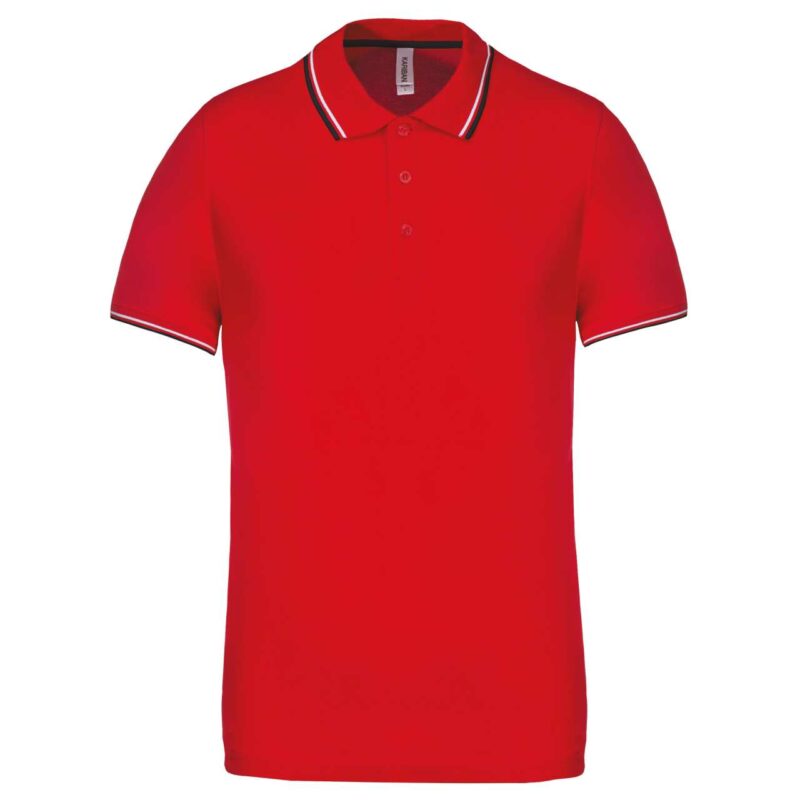 ka250-red_navy_white-a1 Kariban κοντομάνικο μπλουζάκι πόλο" or "Ανδρική κοντομάνικη μπλούζα πόλο". Let's assume the instruction "Protected terms to keep exactly after placeholders are restored: SHORT-SLEEVED, SHIRT, POLO, MEN" is the *most specific* and therefore overrides the general "Translate to natural - Κόκκινο/Ναυτικό/Λευκό