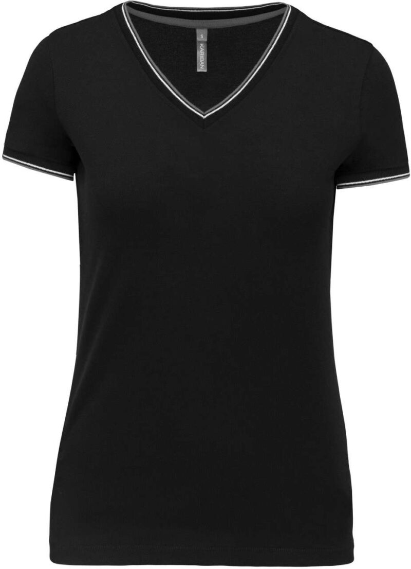 ka394-blacklight_greywhite-a1 Kariban LADIES KNIT V-NECK PIQUÉ T-SHIRT - Μαύρο/Ανοιχτό Γκρι/Λευκό