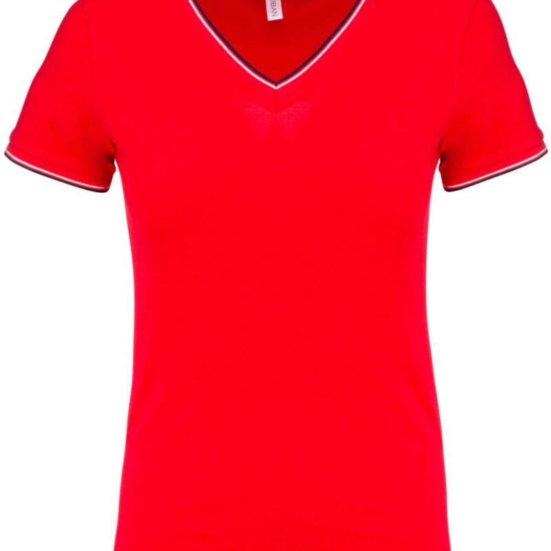 ka394-red_navy_white-a1 Kariban LADIES KNIT V-NECK PIQUÉ T-SHIRT - Κόκκινο/Ναυτικό/Λευκό