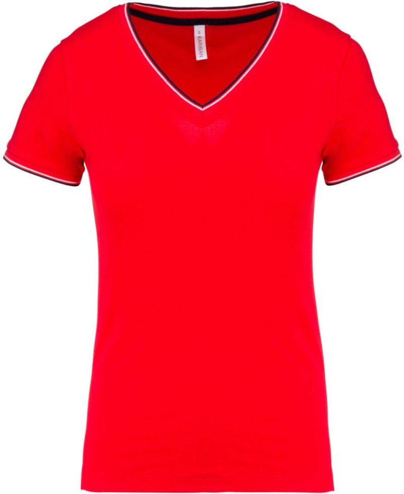 ka394-red_navy_white-a1 Kariban LADIES KNIT V-NECK PIQUÉ T-SHIRT - Κόκκινο/Ναυτικό/Λευκό