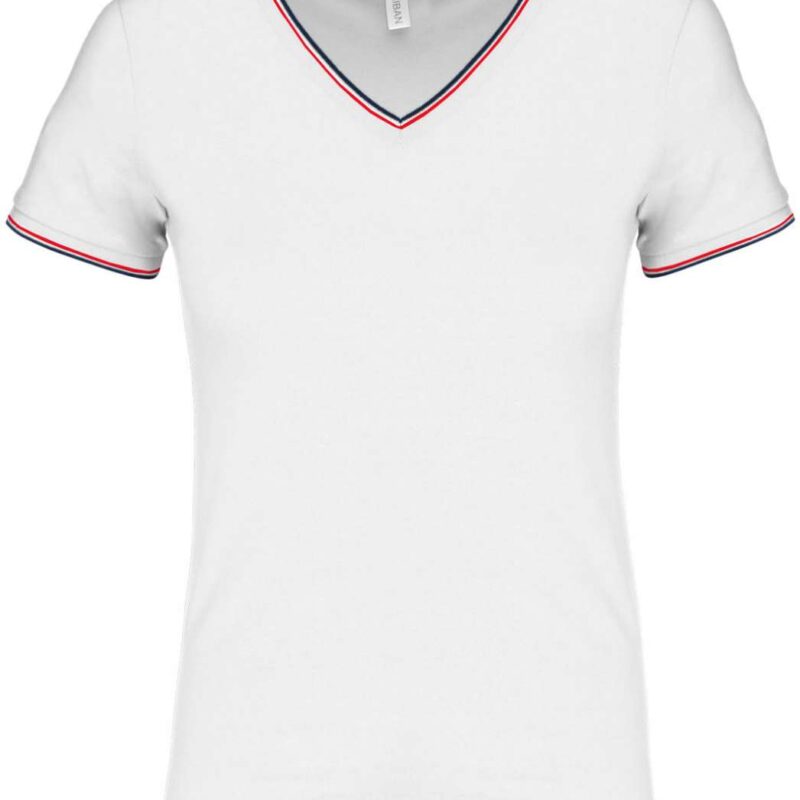 ka394-white_navy_red-a1 Kariban LADIES KNIT V-NECK PIQUÉ T-SHIRT - Λευκό/Ναυτικό/Κόκκινο