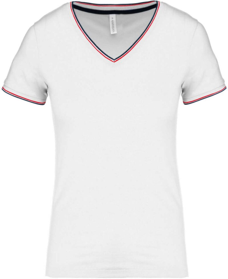 ka394-white_navy_red-a1 Kariban LADIES KNIT V-NECK PIQUÉ T-SHIRT - Λευκό/Ναυτικό/Κόκκινο
