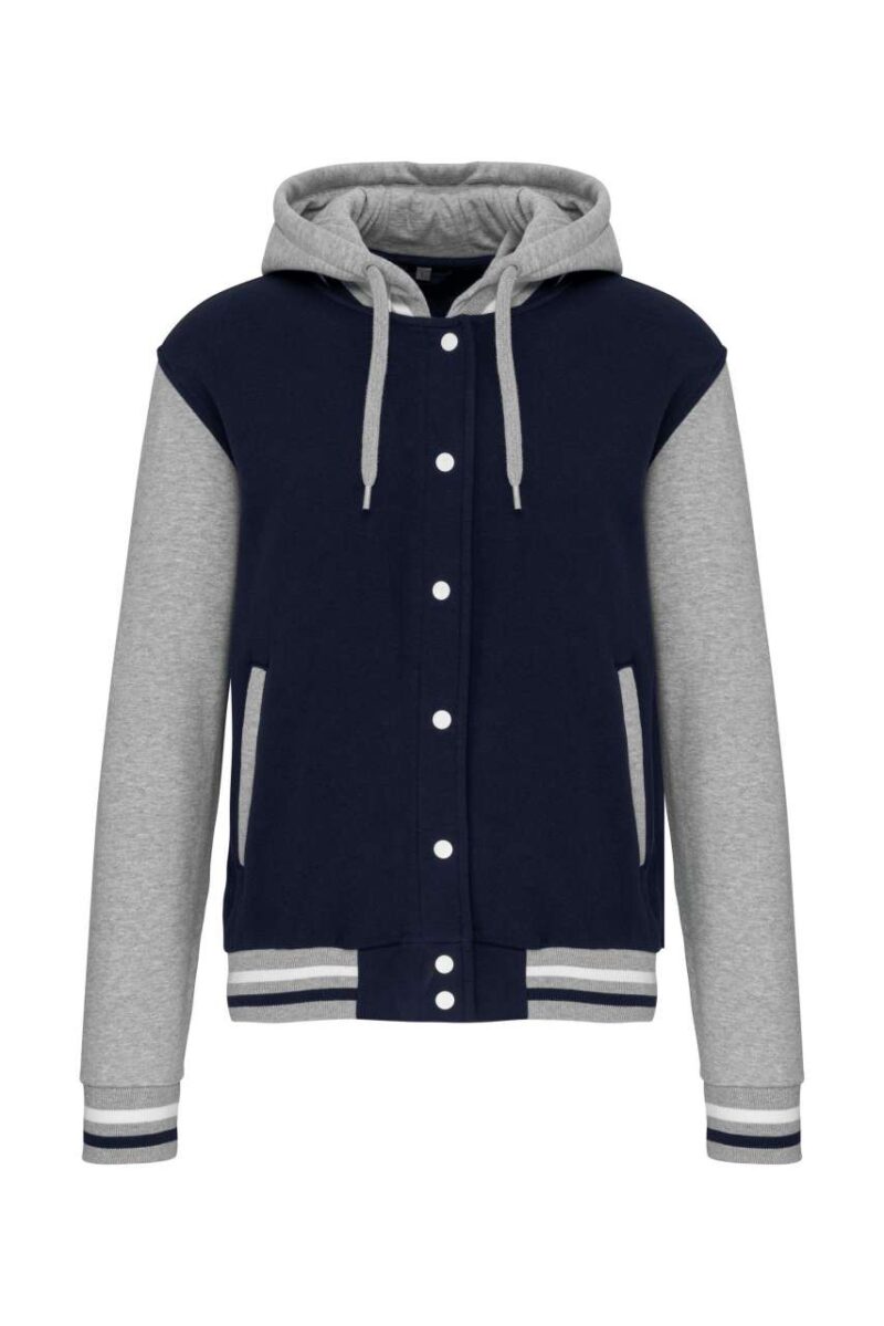 ka4003-navyoxford_greywhite-a1 Kariban UNISEX TEDDY JACKET WITH HOOD - Navy/Oxford Grey/White