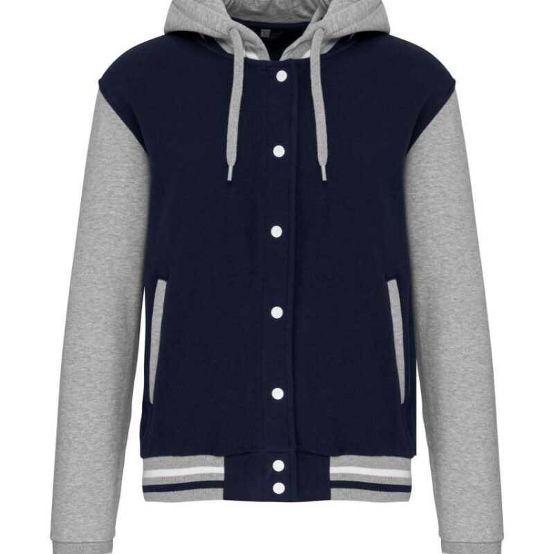 ka4003-navyoxford_greywhite-a1 Kariban UNISEX TEDDY JACKET WITH HOOD - Navy/Oxford Grey/White