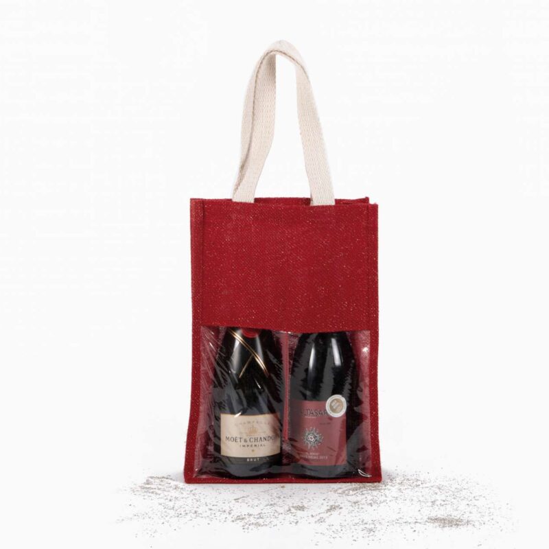ki0268-cherry_redgold-a1 Kimood JUTE BOTTLE BAG - Cherry Red/Gold