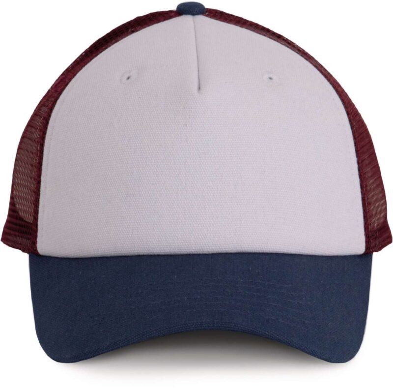 kp170-whiteindigowine-a1 K-UP TRUCKER CAP - 5 PANELS - White/Indigo/Wine