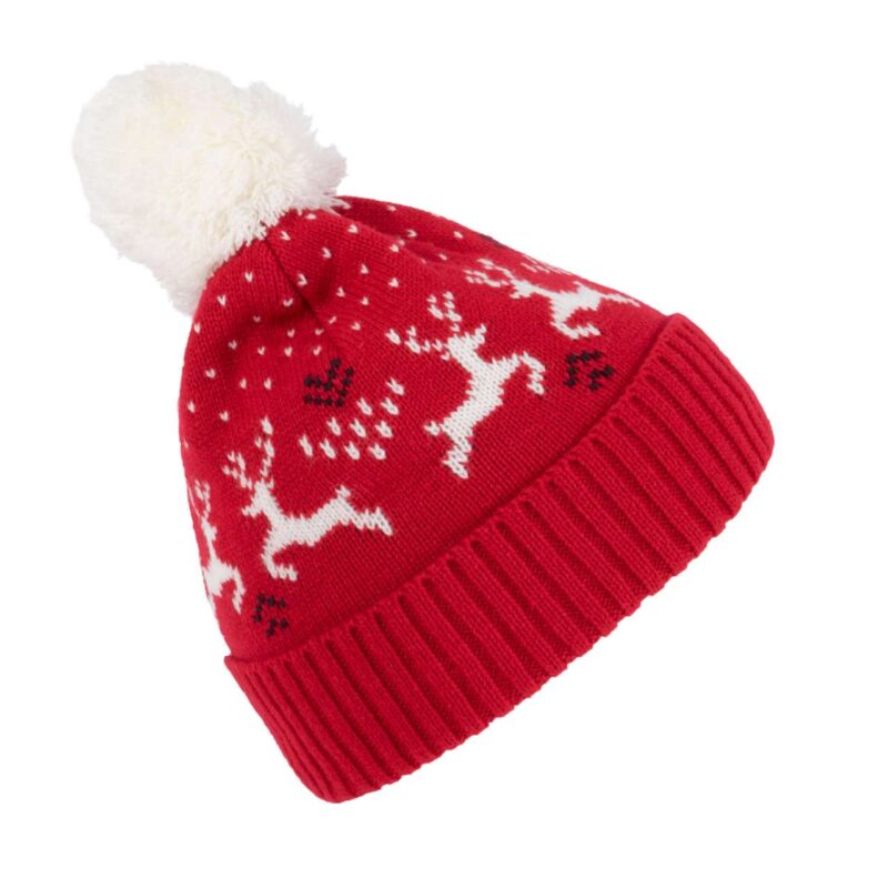 kp512-cherry_rednatural-a1 K-UP REINDEER WINTER BEANIE WITH DESIGN - Cherry Red/Natural