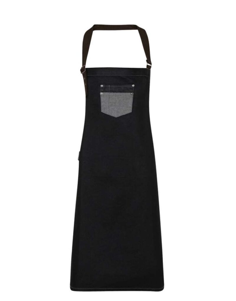pr136-black_denim-a1 Premier 'DIVISION' WAXED LOOK DENIM BIB APRON WITH FAUX LEATHER - Μαύρο Τζιν
