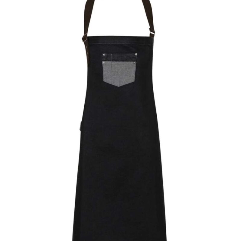 Premier 'DIVISION' WAXED LOOK DENIM BIB APRON WITH FAUX LEATHER - Μαύρο Τζιν