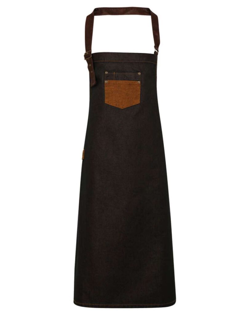 pr136-blacktan_denim-a1 Premier 'DIVISION' WAXED LOOK DENIM BIB APRON WITH FAUX LEATHER - Black/Tan Denim