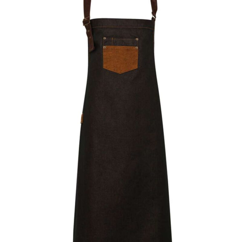 Premier 'DIVISION' WAXED LOOK DENIM BIB APRON WITH FAUX LEATHER - Black/Tan Denim
