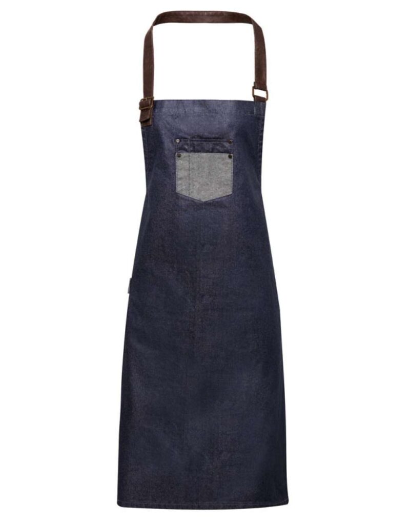 Premier 'DIVISION' WAXED LOOK DENIM BIB APRON WITH FAUX LEATHER - ίντιγκο τζιν
