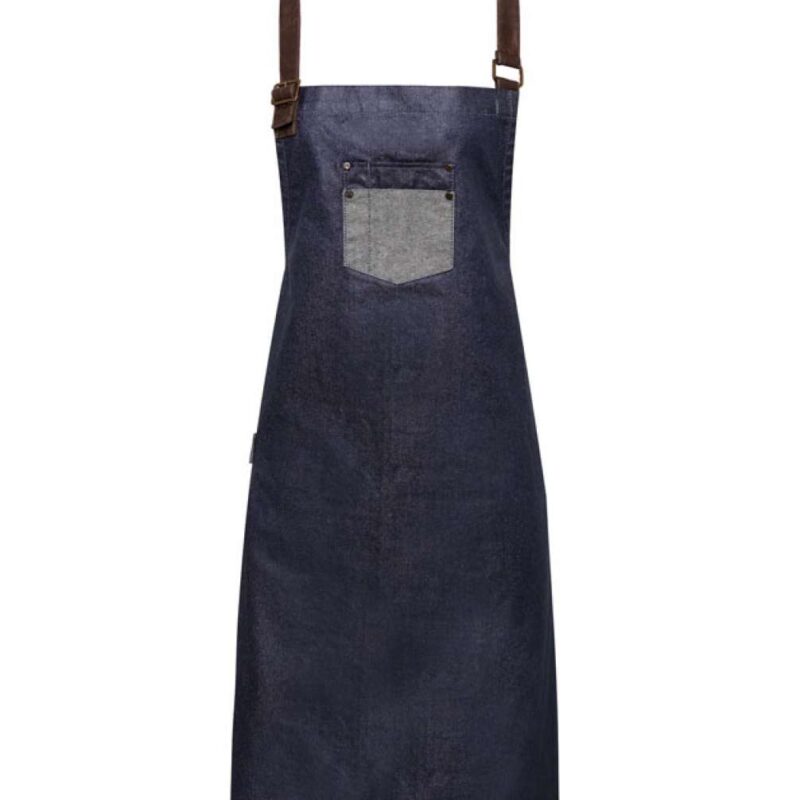 pr136-indigo_denim-a1 Premier 'DIVISION' WAXED LOOK DENIM BIB APRON WITH FAUX LEATHER - ίντιγκο τζιν
