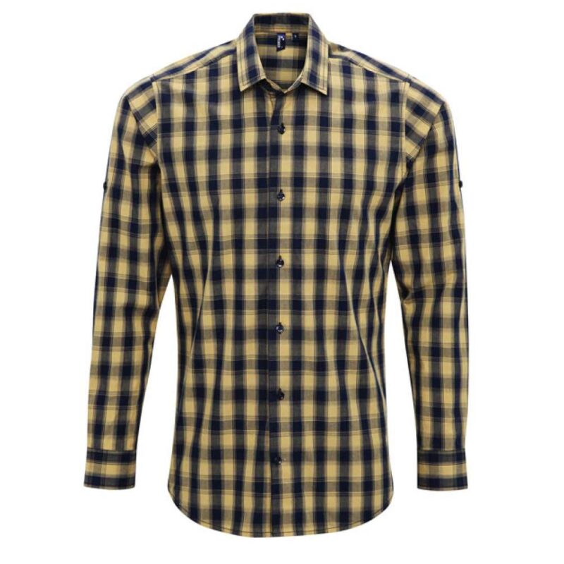 Premier 'MULLIGAN' LONG - MEN'S SLEEVE COTTON CHECK SHIRT - Camel/Navy
