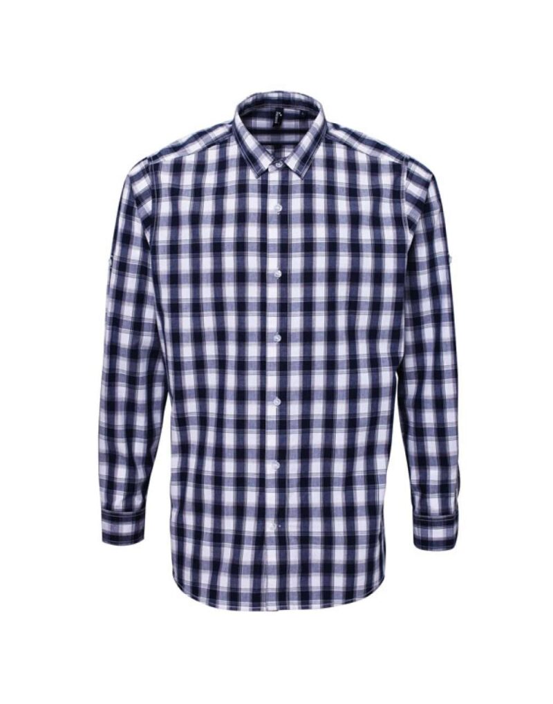 pr250-white_navy-a1 Premier 'MULLIGAN' LONG - MEN'S SLEEVE COTTON CHECK SHIRT - Λευκό/Ναυτικό