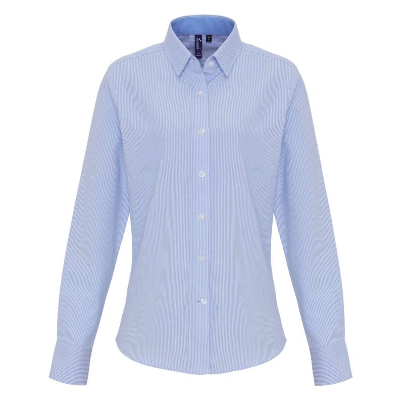pr338-whiteoxford_blue-a1 Premier WOMEN'S RICH COTTON OXFORD STRIPES SHIRT - White/Oxford Blue