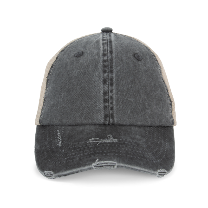Native Spirit ECO-FRIENDLY UNISEX RIPPED EFFECT TRUCKER CAP - Washed Black/Beige