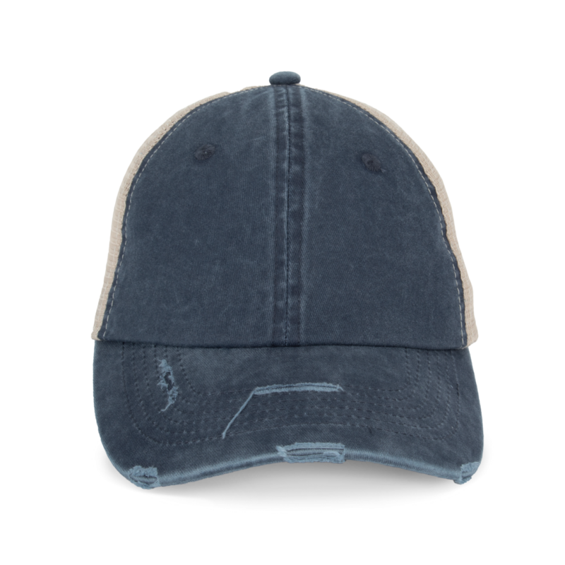 ns027-washed_navy_bluebeige-a1 Native Spirit ECO-FRIENDLY UNISEX RIPPED EFFECT TRUCKER CAP - Washed Navy Blue/Beige