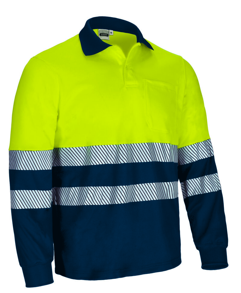 POVAALBAM Υψηλής ορατότητας L/S Polo ALBURY - Fluo Κίτρινο-Orion Μπλε σκούρο Μπλε