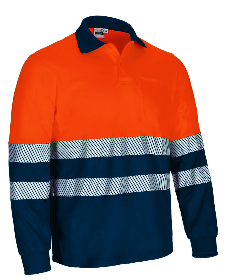 POVAALBNM Υψηλής ορατότητας L/S Polo ALBURY - Fluo Πορτοκαλί-Orion Μπλε σκούρο Μπλε